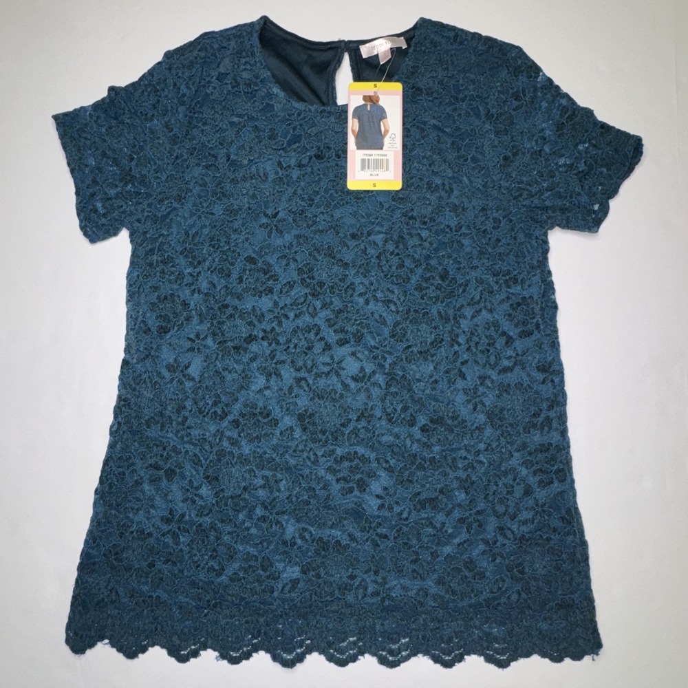 Teddi Rose Womens Floral Lace Short Sleeve Top Teal Blue Scalloped Hem S 1753860